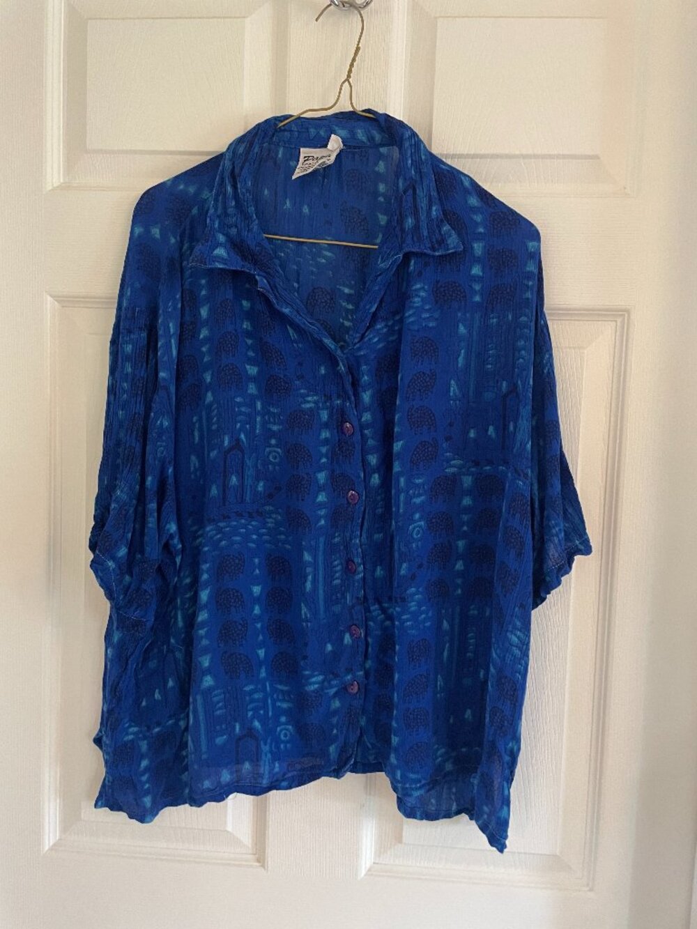 Vintage Blue Crinkle Button-Up Blouse Oversized Fit